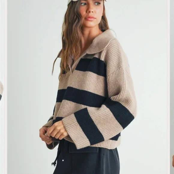 These Three Boutique Striped collared Women's Sweater - Picture 3 of 8